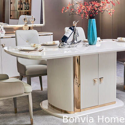 طاولة طعام خشبية بيضاء فاخرة حديثة 6 مقاعد ملابس منزلية كاملة تخزين طاولة طعام خشبية كبيرة وكراسي