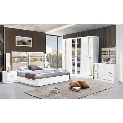 إطار خشبي أبيض عالي اللمعان سرير مزدوج جناح فاخر بحجم الملك تصميم حديث Mdf مجموعة كاملة أثاث غرفة النوم