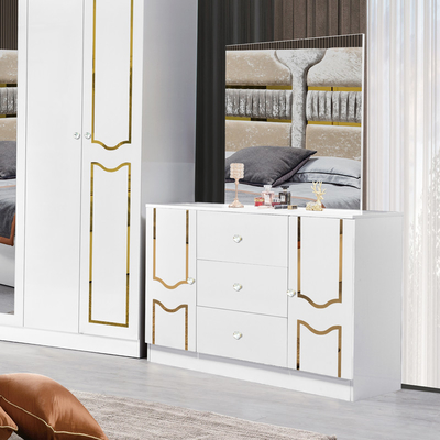 إطار خشبي أبيض عالي اللمعان سرير مزدوج جناح فاخر بحجم الملك تصميم حديث Mdf مجموعة كاملة أثاث غرفة النوم