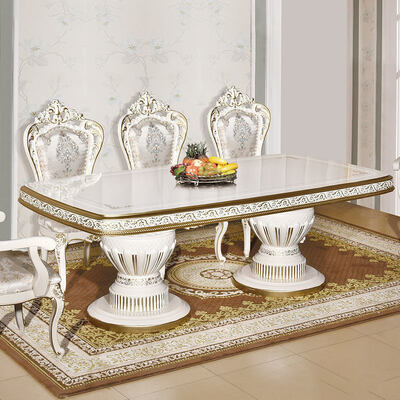 طاولة طعام خشبية كلاسيكية عتيقة بيضاء مع 6 كراسي، مجموعة طعام أوروبية ملكية كبيرة من الخشب، أثاث فاخر لغرفة الطعام في المنزل