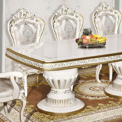 طاولة طعام خشبية كلاسيكية عتيقة بيضاء مع 6 كراسي، مجموعة طعام أوروبية ملكية كبيرة من الخشب، أثاث فاخر لغرفة الطعام في المنزل