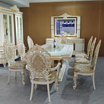 طقم طاولة طعام خشب فاخر على الطراز الأوروبي ملكي 8 مقاعد كراسي أثاث منزلي غرفة طعام طاولة طعام خشبية كلاسيكية كبيرة