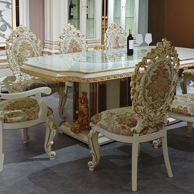 طقم طاولة طعام خشب فاخر على الطراز الأوروبي ملكي 8 مقاعد كراسي أثاث منزلي غرفة طعام طاولة طعام خشبية كلاسيكية كبيرة