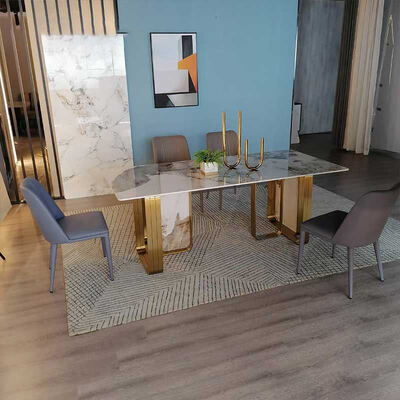 طراز إيطالي طاولة طعام معدنية حديثة ومجموعة الكراسي المنزل الأثاث غرفة طعام الرخام القشرة طاولة طعام فاخرة