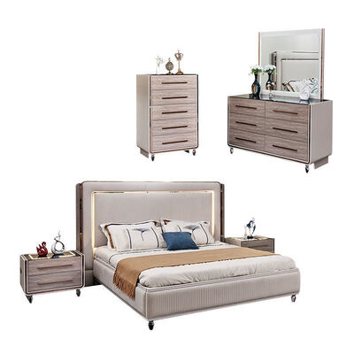 كينغ سايز LED هيدبورد فخم الجلد غرفة نوم مجموعات الإطار الخشبي غرفة منزلية حديثة مزدوجة مجموعة كاملة من أثاث غرفة النوم