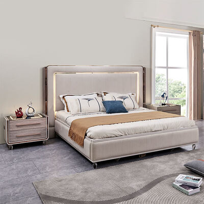 كينغ سايز LED هيدبورد فخم الجلد غرفة نوم مجموعات الإطار الخشبي غرفة منزلية حديثة مزدوجة مجموعة كاملة من أثاث غرفة النوم