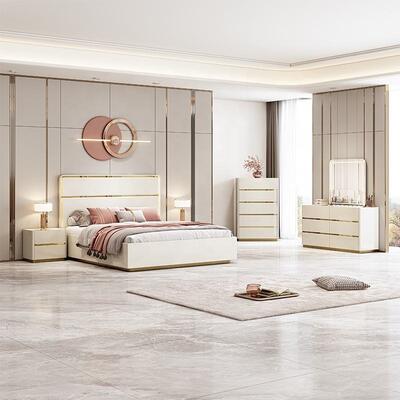 أماكن فاخرة خفيفة Meuble De Chambre أطقم غرف نوم كاملة حديثة أثاث خشبي إطار مزدوج فاخر طقم غرفة نوم بحجم كينغ
