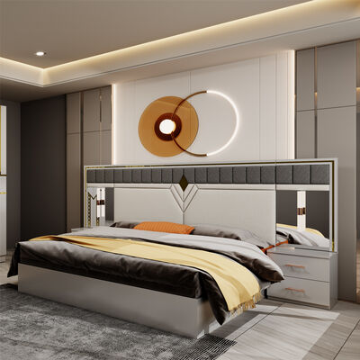 طقم أثاث غرفة نوم فاخر من الجلد المزدوج بتصميم عصري، سرير كينج، خزانة ملابس، تسريحة، مقاس كوين، خشبي، بالجملة